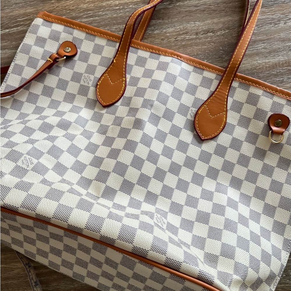 White and Tan Check Canvas Tote with Tan Trim - Picture 10 of 12
